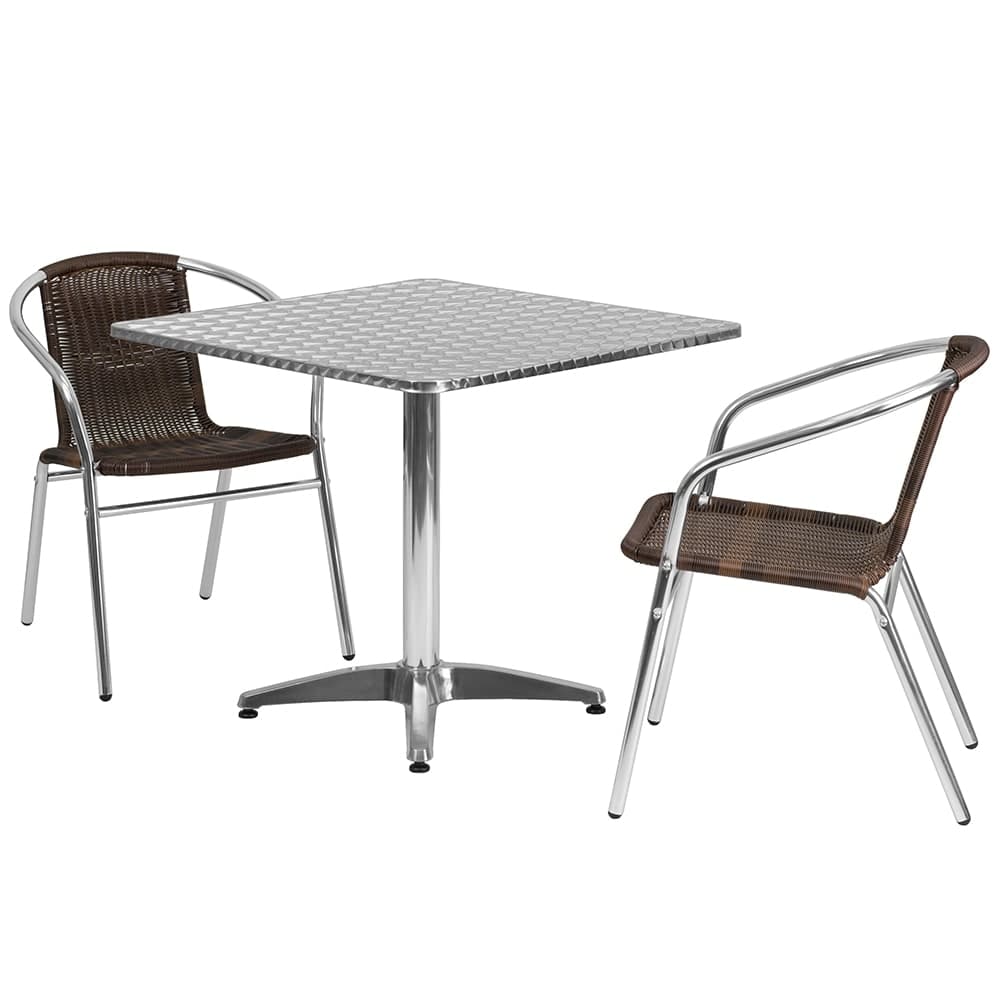Flash Furniture TLH-ALUM-32SQ-020CHR2-GG 31 1/2" Square Patio Table & (2) Brown Rattan Arm Chair Set - Stainless Top, Aluminum Base