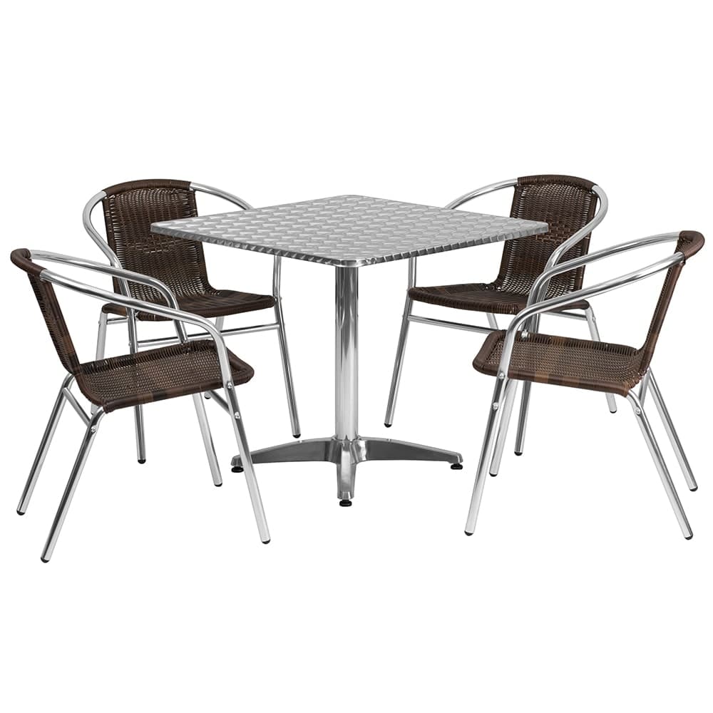 Flash Furniture TLH-ALUM-32SQ-020CHR4-GG 31 1/2" Square Patio Table & (4) Brown Rattan Arm Chair Set - Stainless Top, Aluminum Base