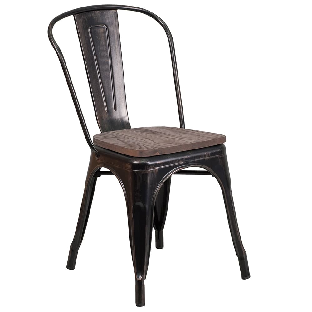 Flash Furniture CH-31230-BQ-WD-GG Stacking Side Chair w/ Vertical Slat Back & Wood Seat - Steel, Black & Antique Gold