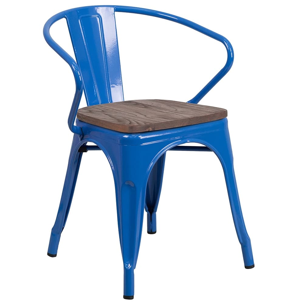 Flash Furniture CH-31270-BL-WD-GG Stacking Armchair w/ Vertical Slat Back & Wood Seat - Steel, Blue