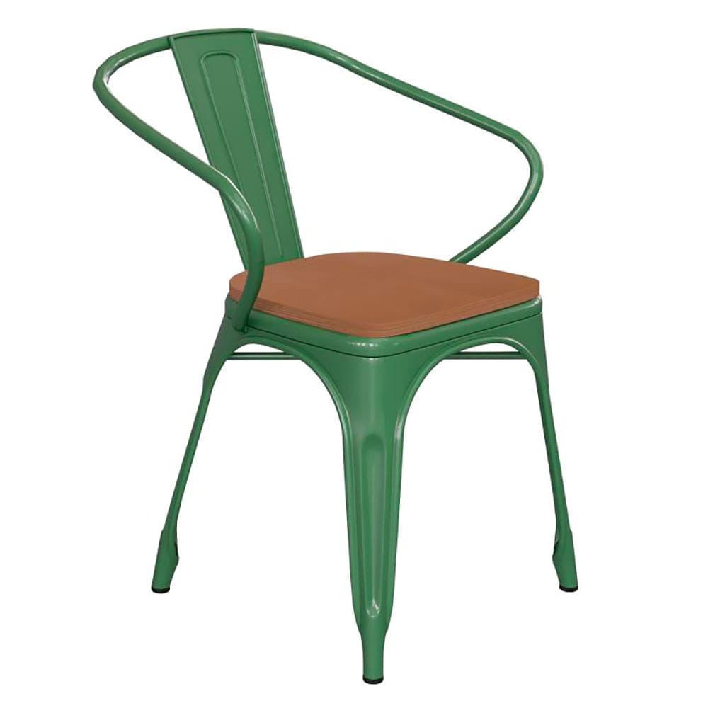 Flash Furniture CH-31270-GN-PL1T-GG Stacking Armchair w/ Vertical Slat Back & Wood Seat - Steel, Green