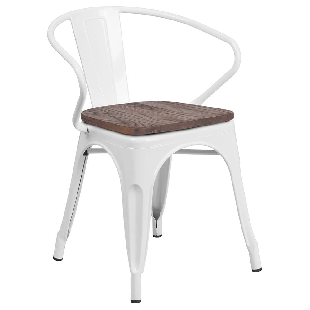 Flash Furniture CH-31270-WH-WD-GG Stacking Armchair w/ Vertical Slat Back & Wood Seat - Steel, White