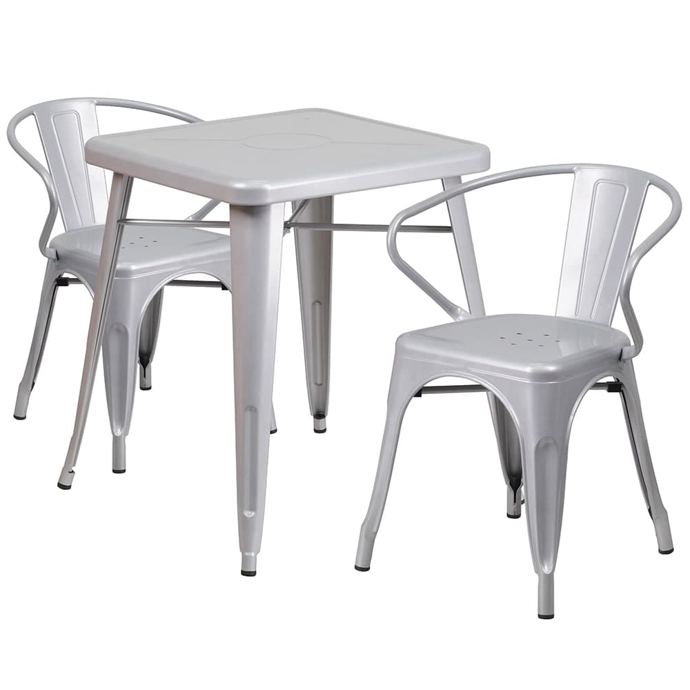 Flash Furniture CH-31330-2-70-SIL-GG 23 3/4" Square Table & (2) Arm Chair Set - Steel, Silver