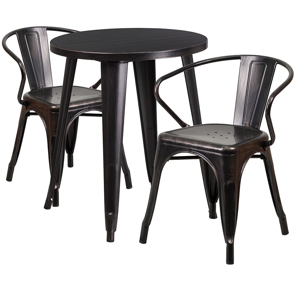Flash Furniture CH-51080TH-2-18ARM-BQ-GG 24" Round Table & (2) Arm Chair Set - Metal, Black & Antique Gold