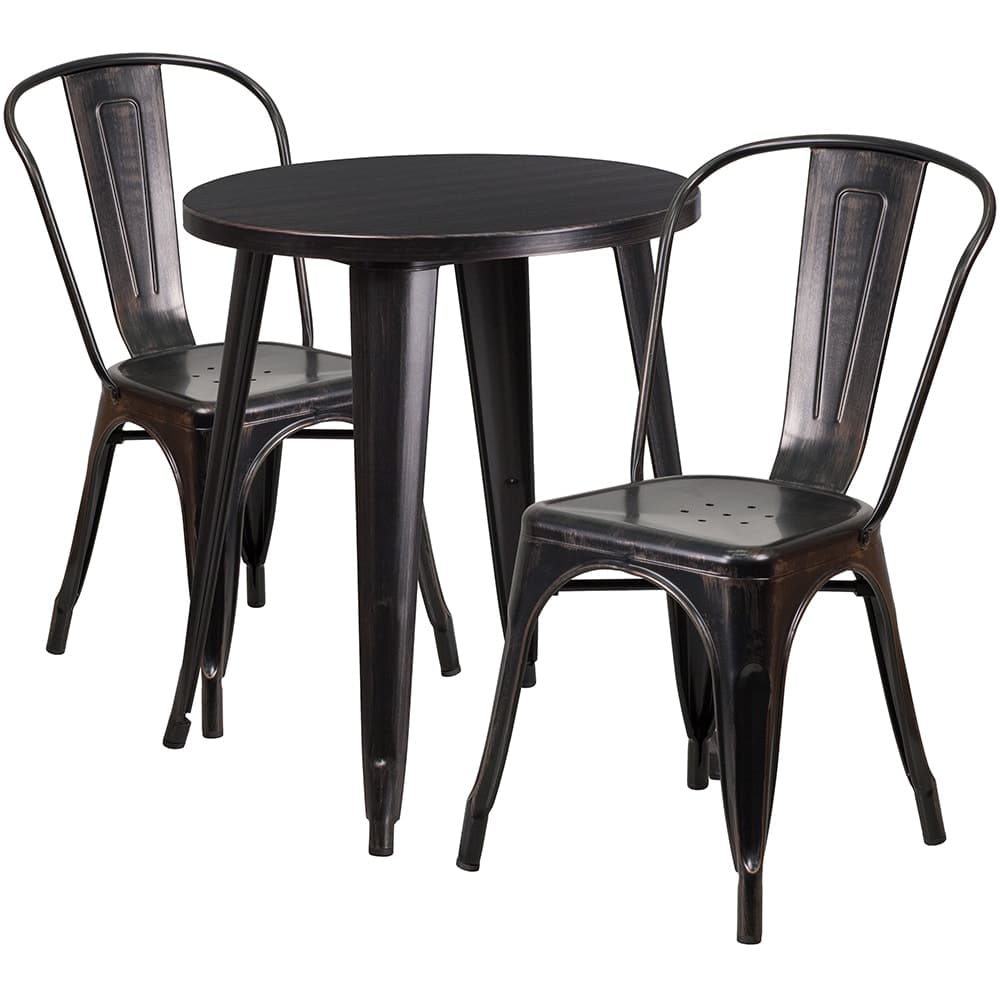 Flash Furniture CH-51080TH-2-18CAFE-BQ-GG 24" Round Table & (2) Café Chair Set - Metal, Black & Antique Gold