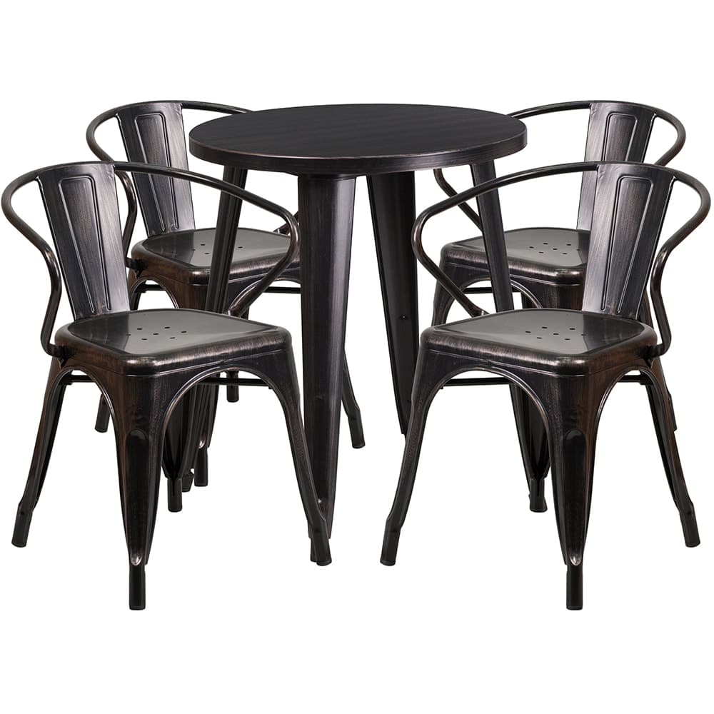 Flash Furniture CH-51080TH-4-18ARM-BQ-GG 24" Round Table & (4) Arm Chair Set - Metal, Black & Antique Gold