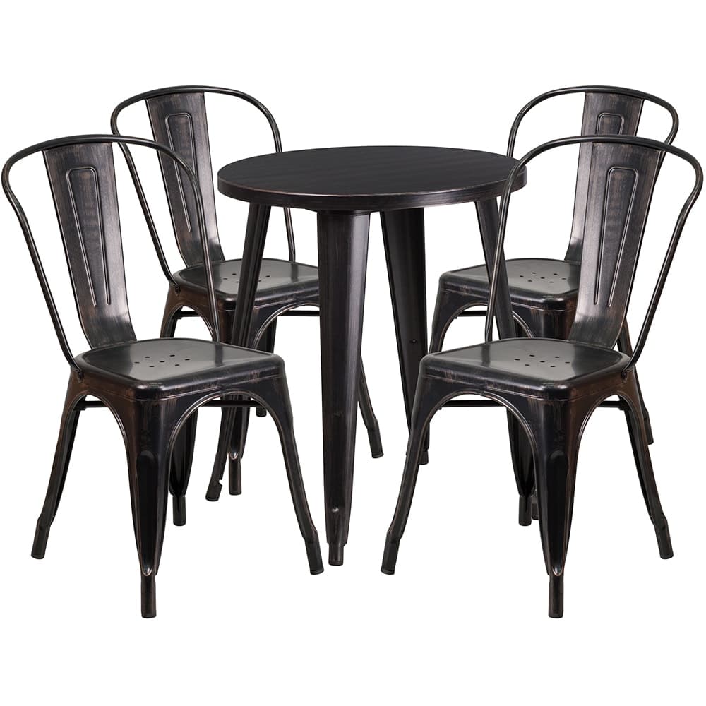 Flash Furniture CH-51080TH-4-18CAFE-BQ-GG 24" Round Table & (4) Café Chair Set - Metal, Black & Antique Gold