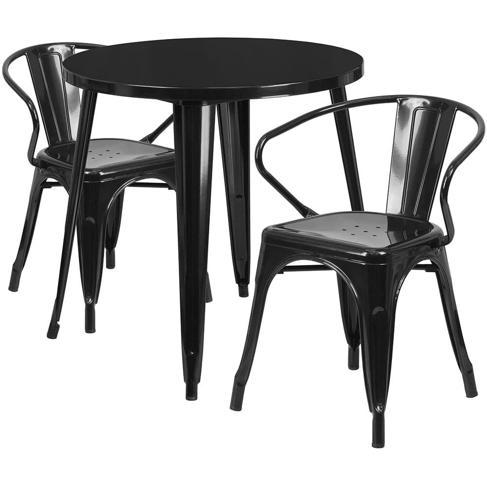 Flash Furniture CH-51090TH-2-18ARM-BK-GG 30" Round Table & (2) Arm Chair Set - Metal, Black