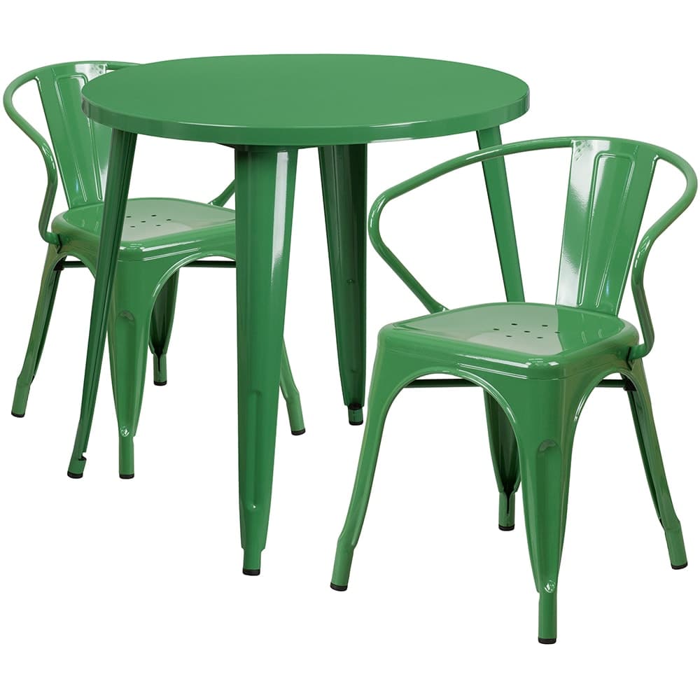 Flash Furniture CH-51090TH-2-18ARM-GN-GG 30" Round Table & (2) Arm Chair Set - Metal, Green