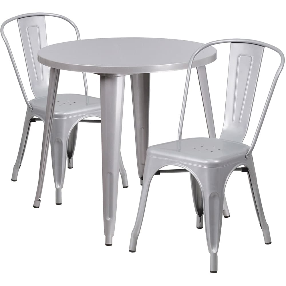 Flash Furniture CH-51090TH-2-18CAFE-SIL-GG 30" Round Table & (2) Café Chair Set - Metal, Silver