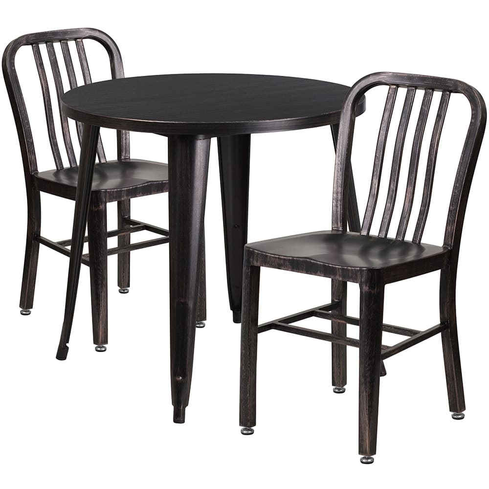 Flash Furniture CH-51090TH-2-18VRT-BQ-GG 30" Round Table & (2) Chair Set - Metal, Black & Antique Gold