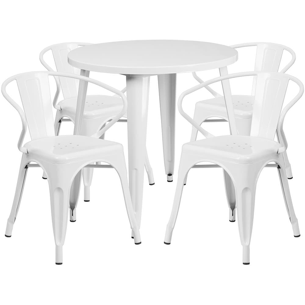 Flash Furniture CH-51090TH-4-18ARM-WH-GG 30" Round Table & (4) Arm Chair Set - Metal, White