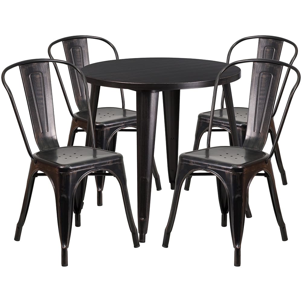 Flash Furniture CH-51090TH-4-18CAFE-BQ-GG 30" Round Table & (4) Café Chair Set - Metal, Black & Antique Gold