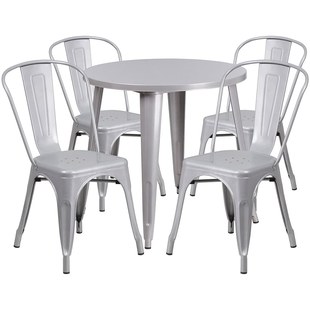 Flash Furniture CH-51090TH-4-18CAFE-SIL-GG 30" Round Table & (4) Café Chair Set - Metal, Silver