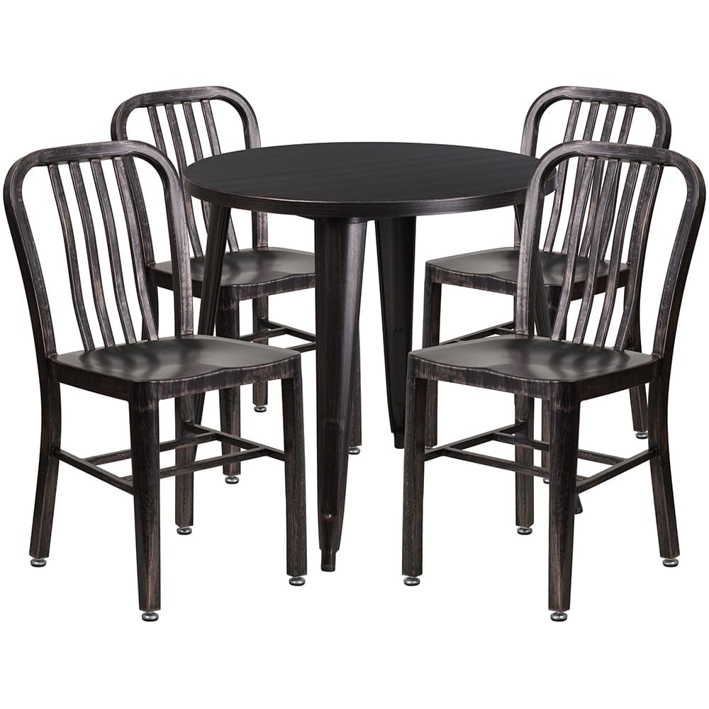 Flash Furniture CH-51090TH-4-18VRT-BQ-GG 30" Round Table & (4) Chair Set - Metal, Black & Antique Gold