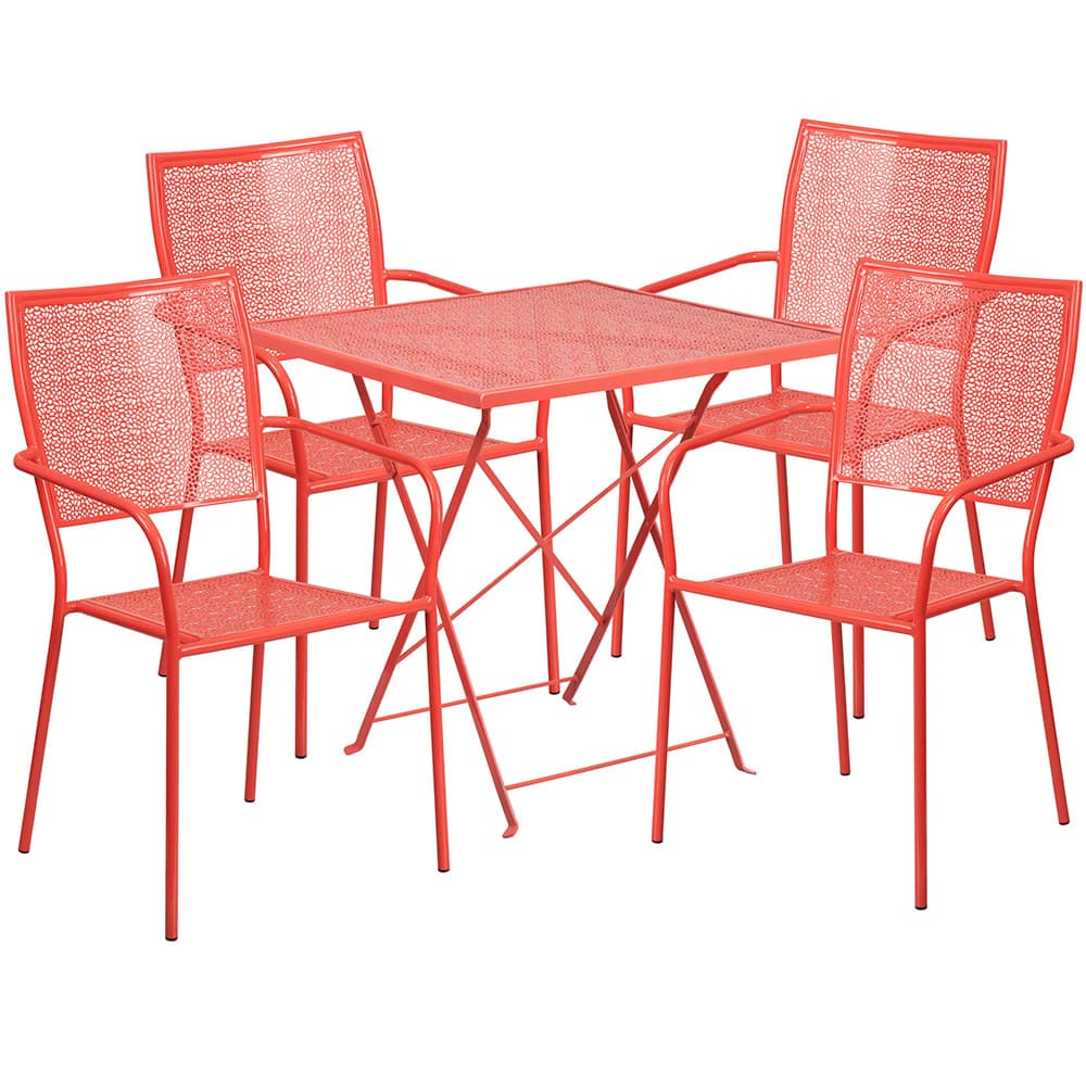 Flash Furniture CO-28SQF-02CHR4-RED-GG 28" Square Folding Patio Table & (4) Square Back Arm Chair Set - Steel, Coral