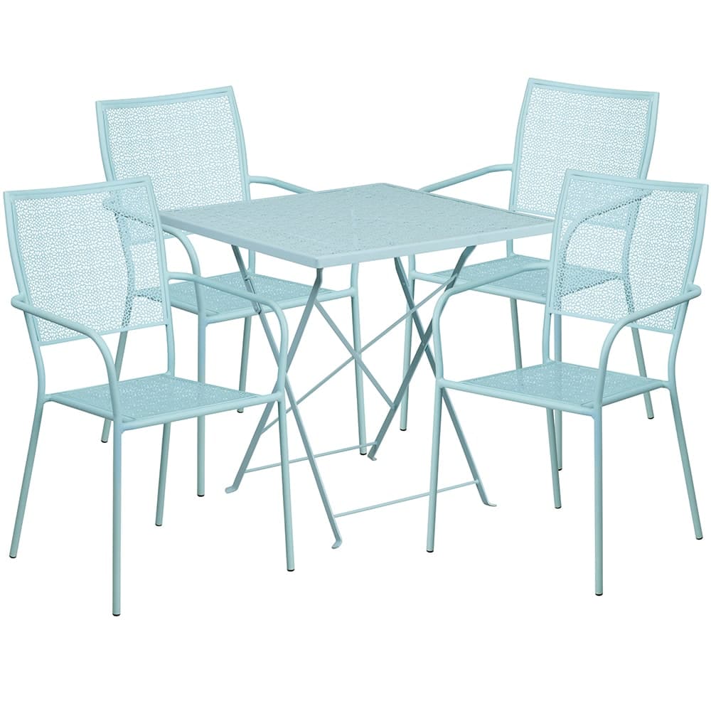 Flash Furniture CO-28SQF-02CHR4-SKY-GG 28" Square Folding Patio Table & (4) Square Back Arm Chair Set - Steel, Sky Blue