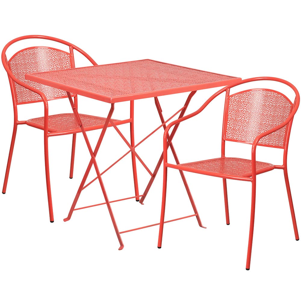 Flash Furniture CO-28SQF-03CHR2-RED-GG 28" Square Folding Patio Table & (2) Round Back Arm Chair Set - Steel, Coral