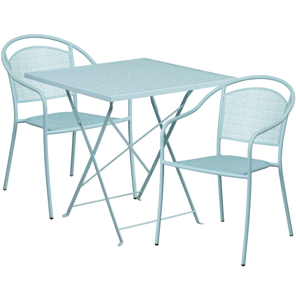 Flash Furniture CO-28SQF-03CHR2-SKY-GG 28" Square Folding Patio Table & (2) Round Back Arm Chair Set - Steel, Sky Blue