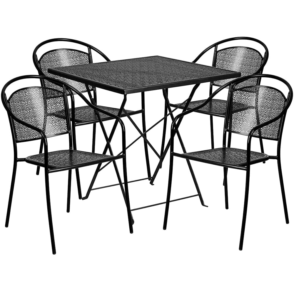 Flash Furniture CO-28SQF-03CHR4-BK-GG 28" Square Folding Patio Table & (4) Round Back Arm Chair Set - Steel, Black