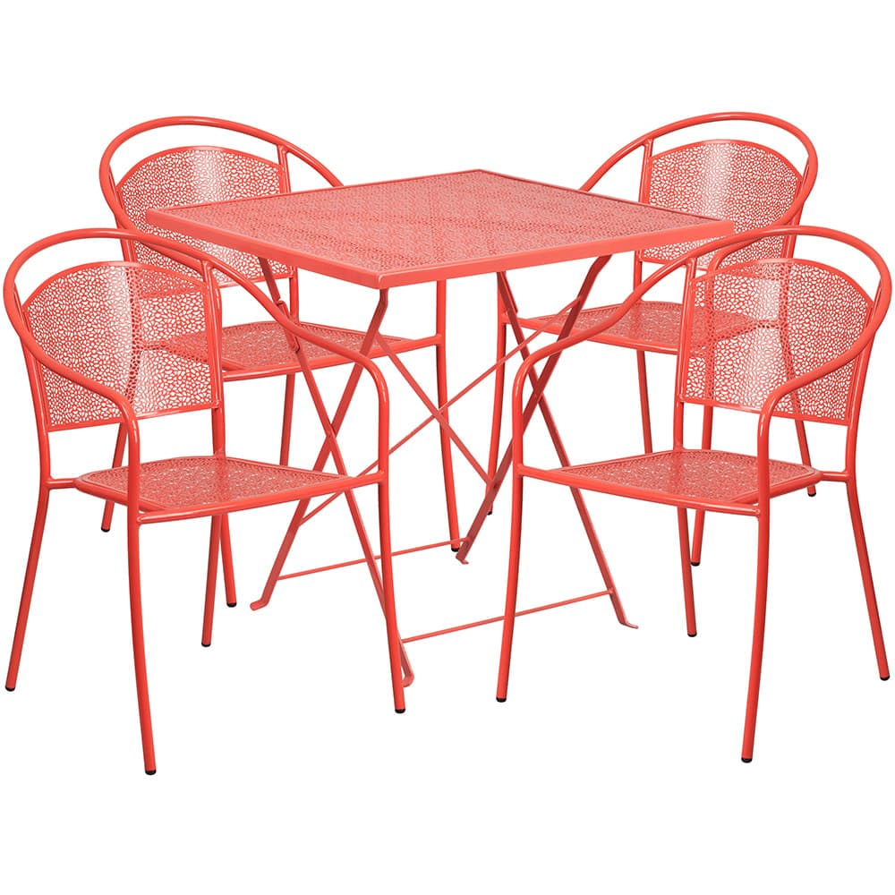 Flash Furniture CO-28SQF-03CHR4-RED-GG 28" Square Folding Patio Table & (4) Round Back Arm Chair Set - Steel, Coral