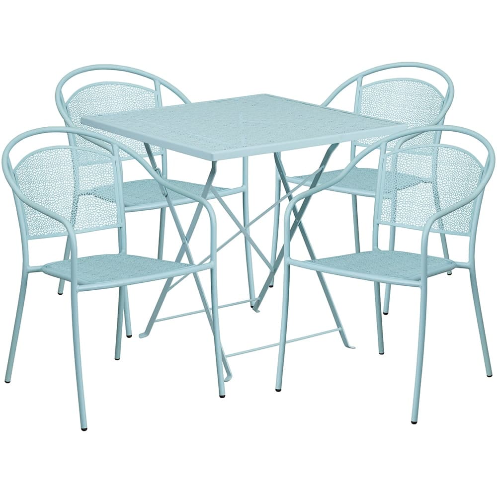 Flash Furniture CO-28SQF-03CHR4-SKY-GG 28" Square Folding Patio Table & (4) Round Back Arm Chair Set - Steel, Sky Blue