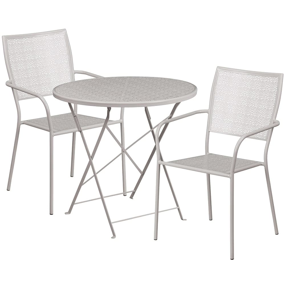 Flash Furniture CO-30RDF-02CHR2-SIL-GG 30" Round Folding Patio Table & (2) Square Back Arm Chair Set - Steel, Light Gray