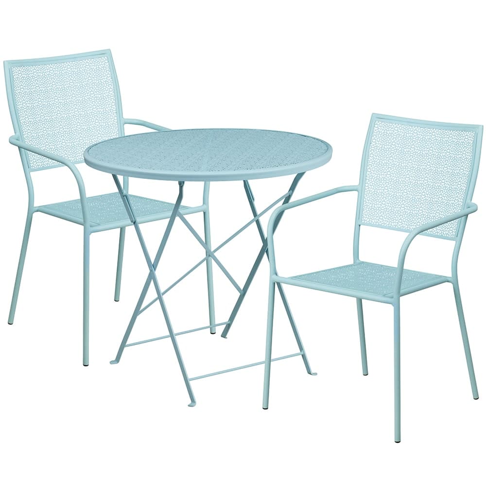 Flash Furniture CO-30RDF-02CHR2-SKY-GG 30" Round Folding Patio Table & (2) Square Back Arm Chair Set - Steel, Sky Blue