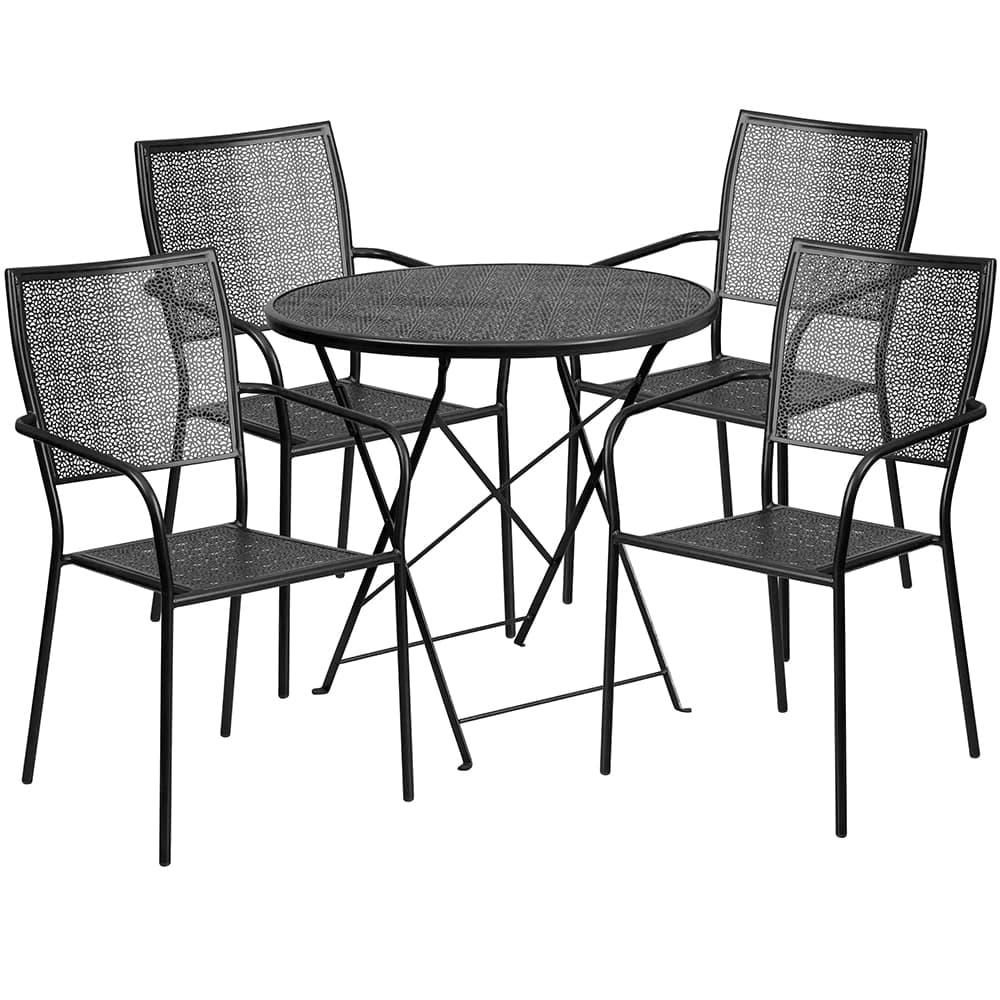 Flash Furniture CO-30RDF-02CHR4-BK-GG 30" Round Folding Patio Table & (4) Square Back Arm Chair Set - Steel, Black