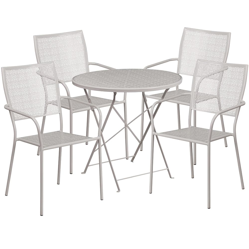 Flash Furniture CO-30RDF-02CHR4-SIL-GG 30" Round Folding Patio Table & (4) Square Back Arm Chair Set - Steel, Light Gray