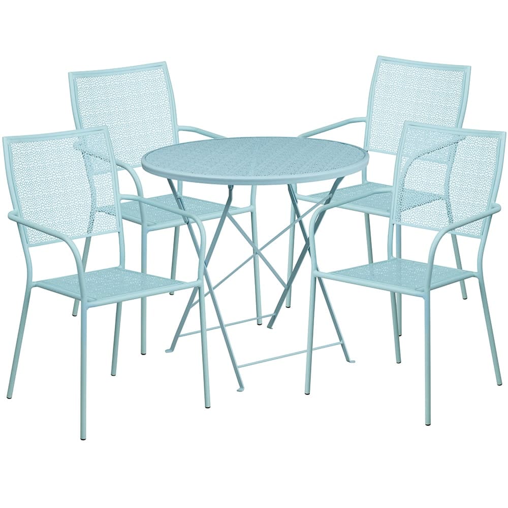 Flash Furniture CO-30RDF-02CHR4-SKY-GG 30" Round Folding Patio Table & (4) Square Back Arm Chair Set - Steel, Sky Blue