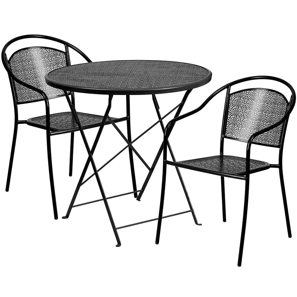 Flash Furniture CO-30RDF-03CHR2-BK-GG 30" Round Folding Patio Table & (2) Round Back Arm Chair Set - Steel, Black