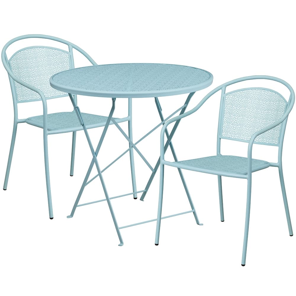 Flash Furniture CO-30RDF-03CHR2-SKY-GG 30" Round Folding Patio Table & (2) Round Back Arm Chair Set - Steel, Sky Blue