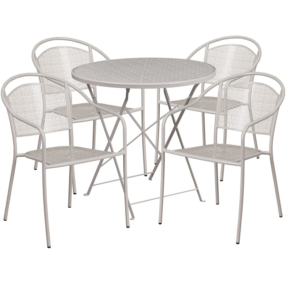 Flash Furniture CO-30RDF-03CHR4-SIL-GG 30" Round Folding Patio Table & (4) Round Back Arm Chair Set - Steel, Light Gray