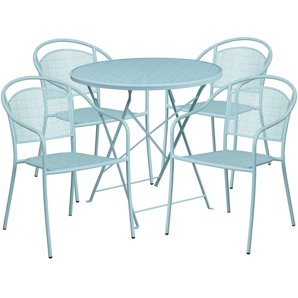 Flash Furniture CO-30RDF-03CHR4-SKY-GG 30" Round Folding Patio Table & (4) Round Back Arm Chair Set - Steel, Sky Blue