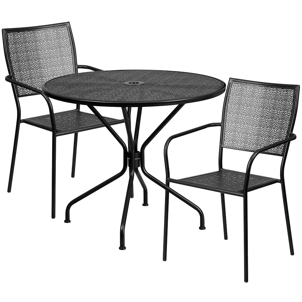 Flash Furniture CO-35RD-02CHR2-BK-GG 35 1/4" Round Patio Table & (2) Square Back Arm Chair Set - Steel, Black