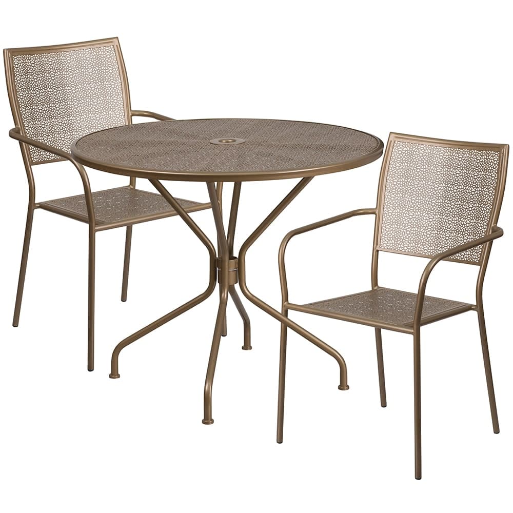 Flash Furniture CO-35RD-02CHR2-GD-GG 35 1/4" Round Patio Table & (2) Square Back Arm Chair Set - Steel, Gold
