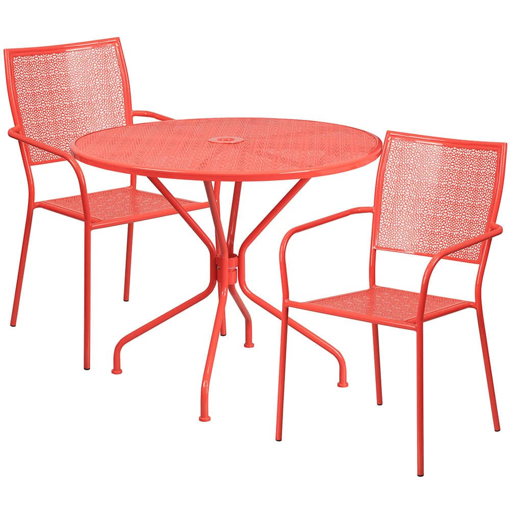 Flash Furniture CO-35RD-02CHR2-RED-GG 35 1/4" Round Patio Table & (2) Square Back Arm Chair Set - Steel, Coral