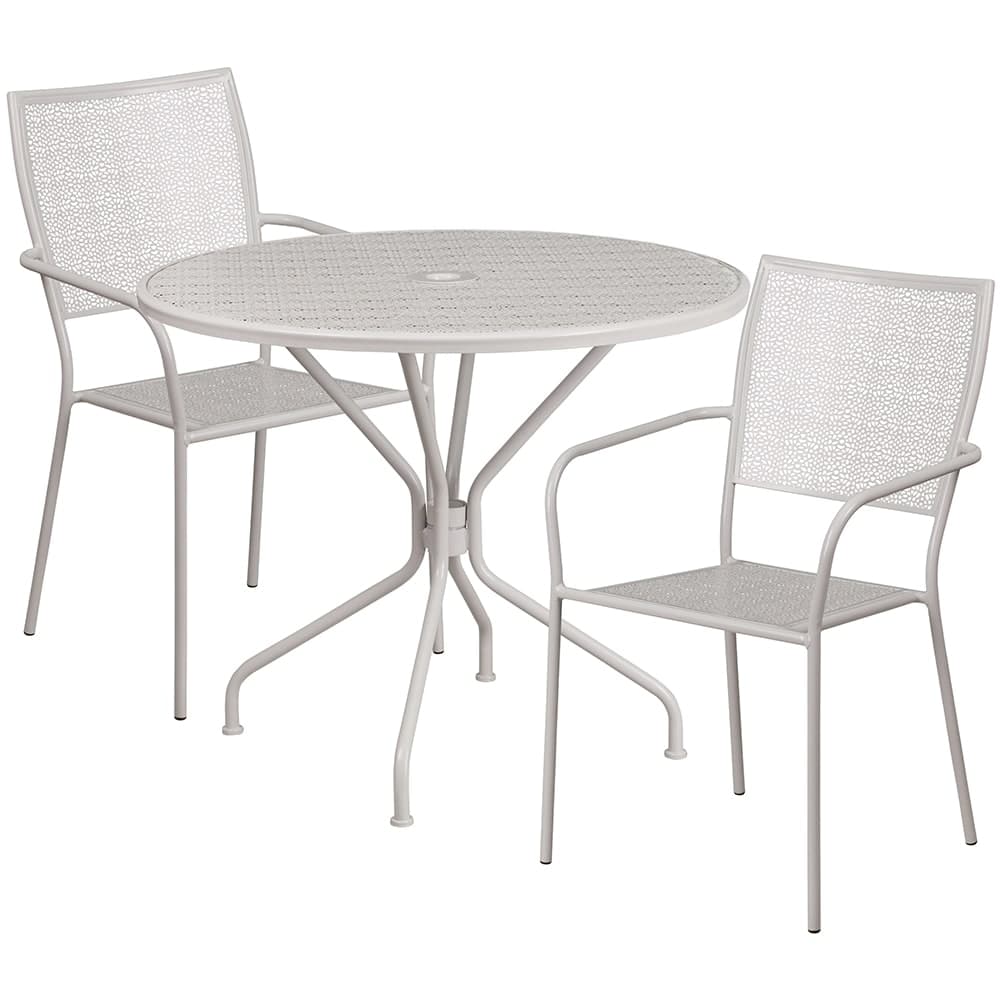 Flash Furniture CO-35RD-02CHR2-SIL-GG 35 1/4" Round Patio Table & (2) Square Back Arm Chair Set - Steel, Light Gray