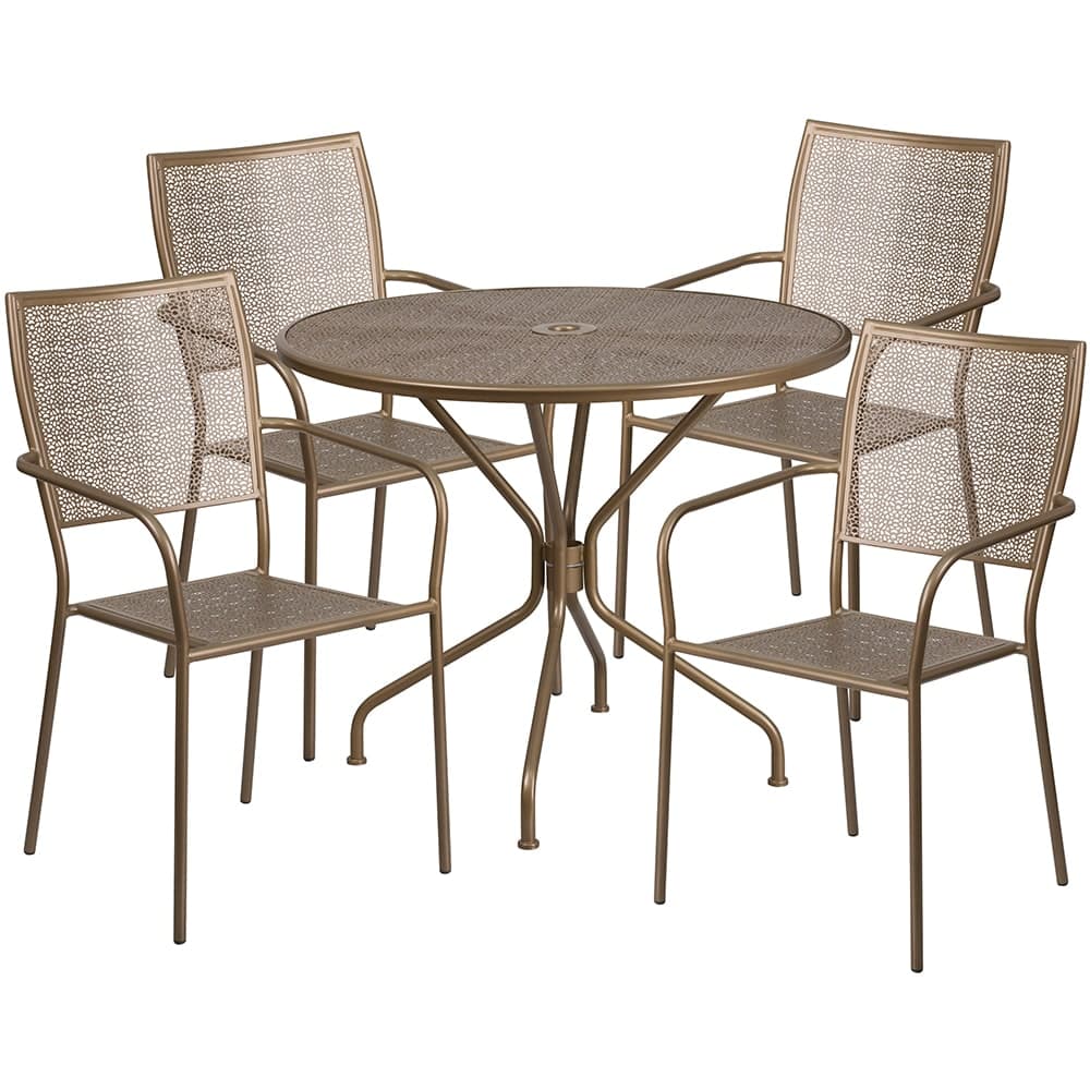 Flash Furniture CO-35RD-02CHR4-GD-GG 35 1/4" Round Patio Table & (4) Square Back Arm Chair Set - Steel, Gold