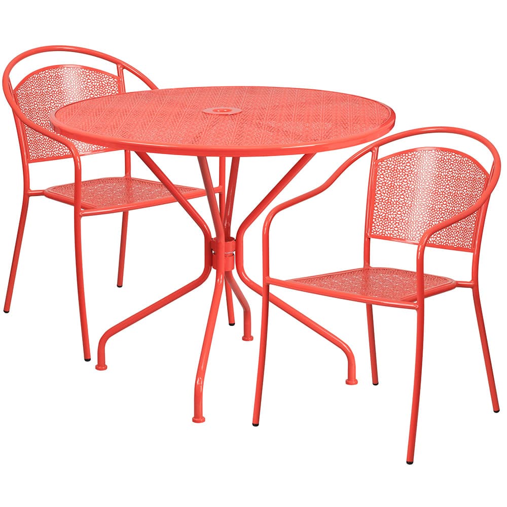 Flash Furniture CO-35RD-03CHR2-RED-GG 35 1/4" Round Patio Table & (2) Round Back Arm Chair Set - Steel, Coral