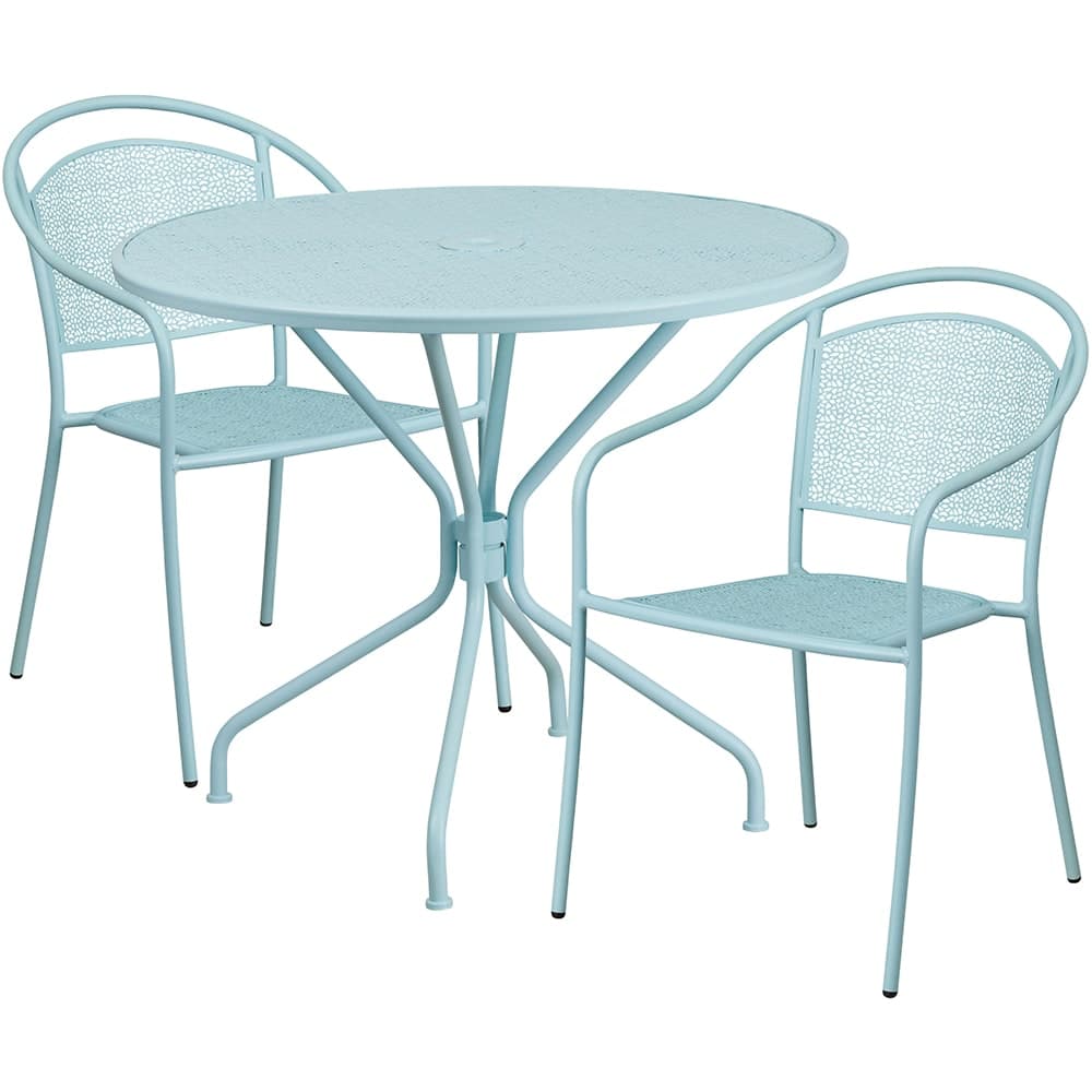 Flash Furniture CO-35RD-03CHR2-SKY-GG 35 1/4" Round Patio Table & (2) Round Back Arm Chair Set - Steel, Sky Blue