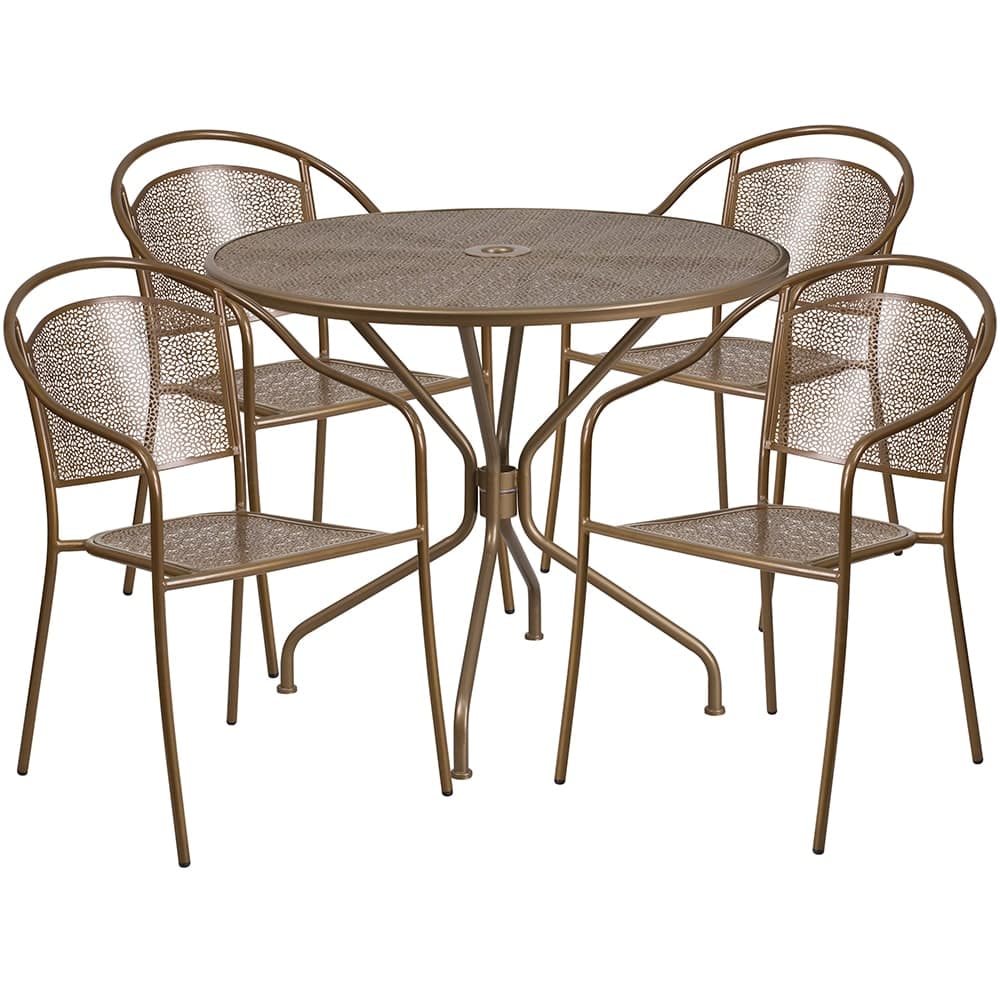 Flash Furniture CO-35RD-03CHR4-GD-GG 35 1/4" Round Patio Table & (4) Round Back Arm Chair Set - Steel, Gold