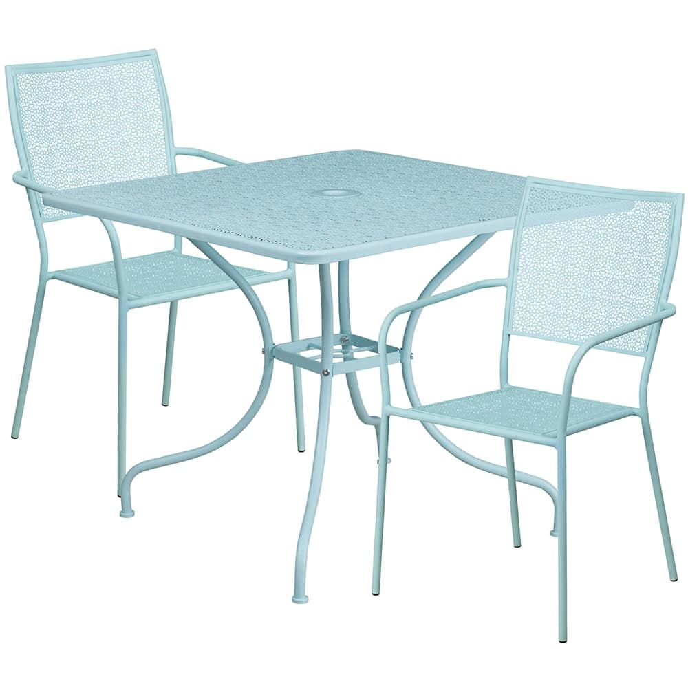 Flash Furniture CO-35SQ-02CHR2-SKY-GG 35 1/4" Square Patio Table & (2) Square Back Arm Chair Set - Steel, Sky Blue
