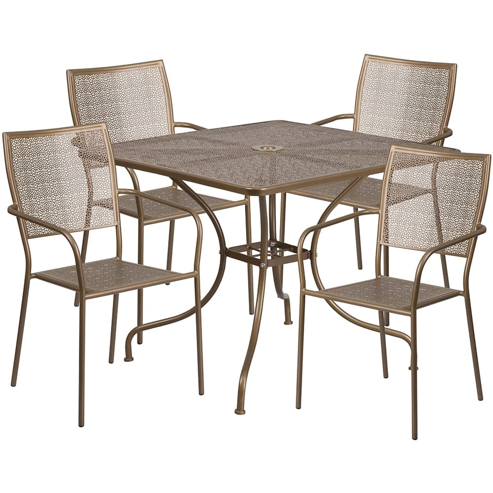 Flash Furniture CO-35SQ-02CHR4-GD-GG 35 1/4" Square Patio Table & (4) Square Back Arm Chair Set - Steel, Gold