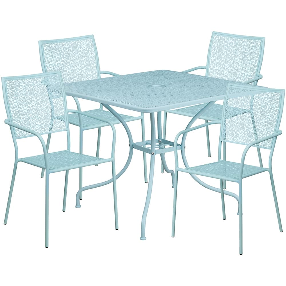 Flash Furniture CO-35SQ-02CHR4-SKY-GG 35 1/4" Square Patio Table & (4) Square Back Arm Chair Set - Steel, Sky Blue