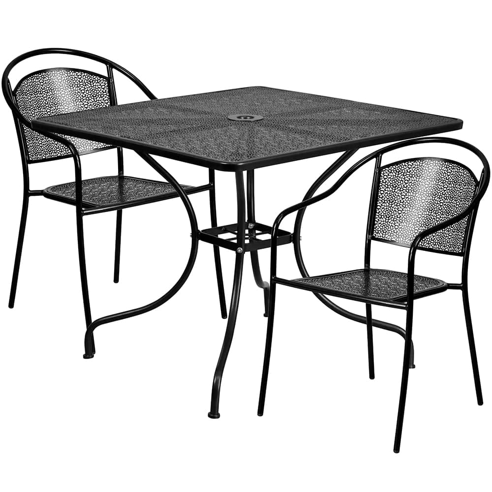 Flash Furniture CO-35SQ-03CHR2-BK-GG 35 1/4" Square Patio Table & (2) Round Back Arm Chair Set - Steel, Black