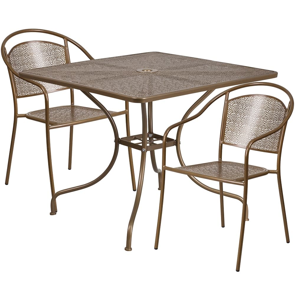 Flash Furniture CO-35SQ-03CHR2-GD-GG 35 1/4" Square Patio Table & (2) Round Back Arm Chair Set - Steel, Gold