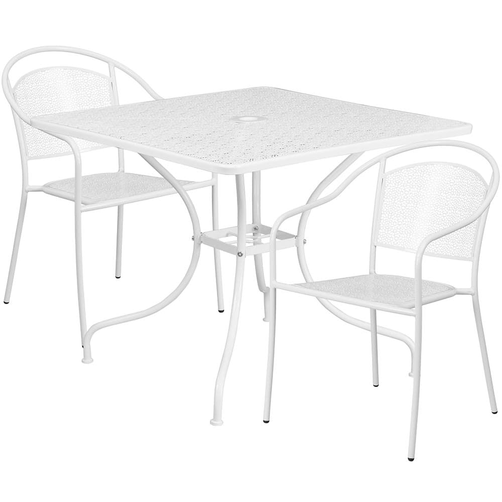 Flash Furniture CO-35SQ-03CHR2-WH-GG 35 1/4" Square Patio Table & (2) Round Back Arm Chair Set - Steel, White