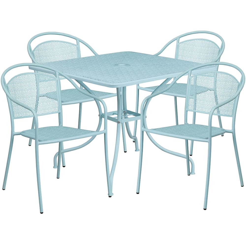 Flash Furniture CO-35SQ-03CHR4-SKY-GG 35 1/4" Square Patio Table & (4) Round Back Arm Chair Set - Steel, Sky Blue